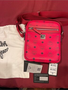 MCM Red Monogram Crossbody Bag with Silver Hardware